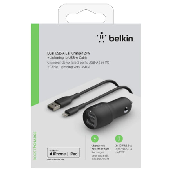 Belkin BoostCharge 24W Dual USB-A Car Charger with USB-A to Lighting Cable