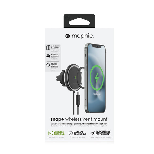 Black Mophie Snap+ Wireless Vent Mount 15W MagSafe Compatible-Black