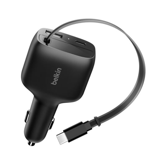 Belkin BoostCharge 75W 2-Port Car Charger - With Retractable USB-C Cable - Black
