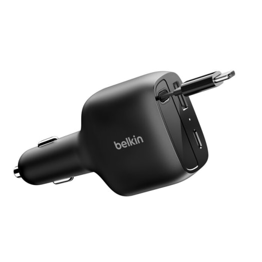 Belkin BoostCharge 75W 2-Port Car Charger - With Retractable USB-C Cable - Black