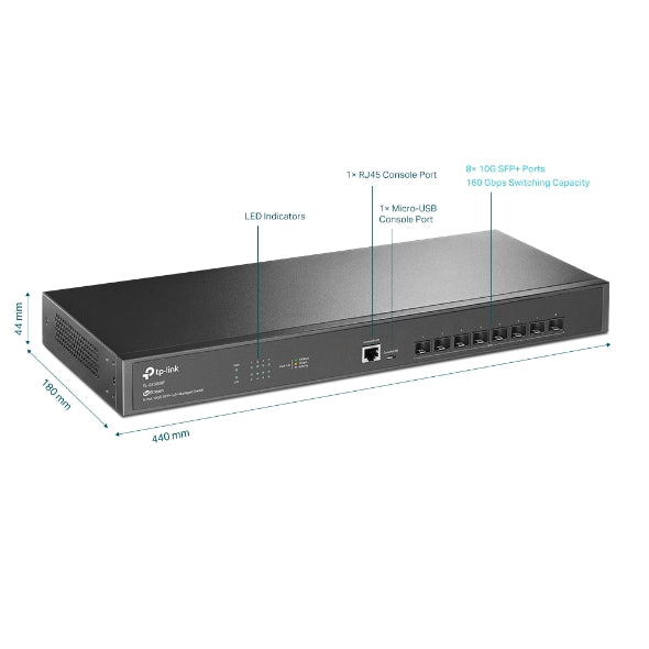 TP-Link TL-SX3008F JetStream 8-Port 10GE SFP+ L2+ Managed Switch SFP+ Omada SDN Static Routing L2/L3/L4 QoS IGMP snooping Standalone Management