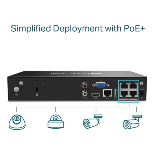 TP-Link VIGI NVR1004H-4P 4 Channel PoE+ Network Video Recorder 24/7 Continuous Recording 4K HDMI Video Output & 16MP Decoding (HDD Not Included)