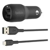 Belkin BoostCharge 24W Dual USB-A Car Charger with USB-A to Lighting Cable