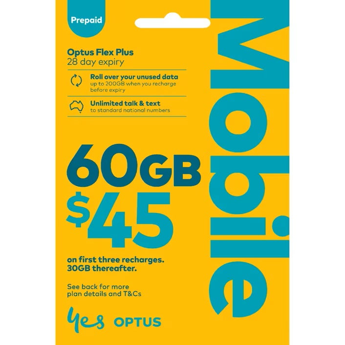 Australia mobile Optus network $45 starter SIM pack Unlimited Call & TXT + 60GB Data