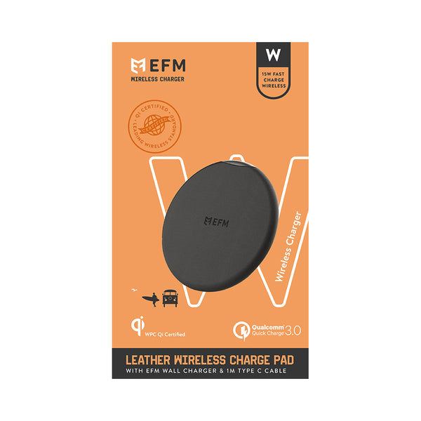 EFM Leather Wireless Charge Pad 15W Qi WPC Certified with USB Wall Adapter-Black