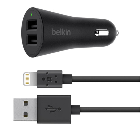Belkin BOOSTUP 2-Port 24W  Metallic Car Charger With USB-A to Lightning cable - Black-Black