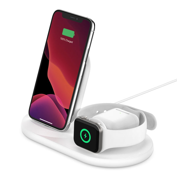 Belkin 3-in-1 Wireless Charger  With 10W Stand & Pad for Apple Watch & Airpods Pro-White