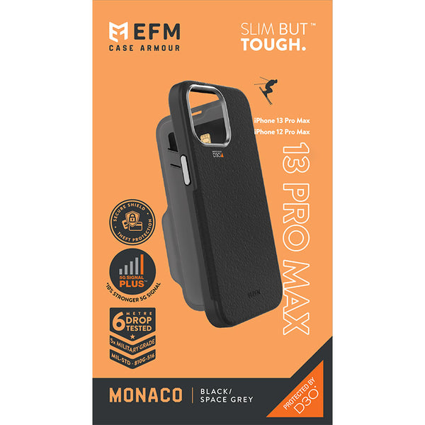 EFM Monaco Leather Wallet Case Armour with D3O 5G Signal Plus For iPhone 13 Pro Max (6.7") - Black/Space Grey-Black / Space Grey