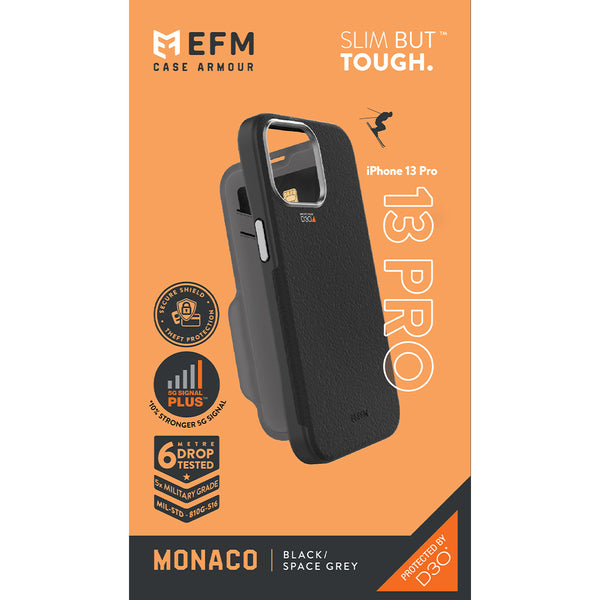 EFM Monaco Leather Wallet Case Armour with D3O 5G Signal Plus For iPhone 13 Pro (6.1" Pro) - Black/Space Grey-Black / Space Grey