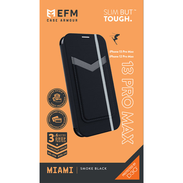EFM Miami Leather Wallet Case Armour with D3O  For iPhone 13 Pro Max (6.7") - Smoke Black-Black / Grey