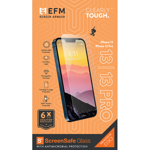 EFM ScreenSafe Glass Screen Armour with D3O  For iPhone 13/13 Pro (6.1")/iPhone 14 (6.1")-Black / Clear