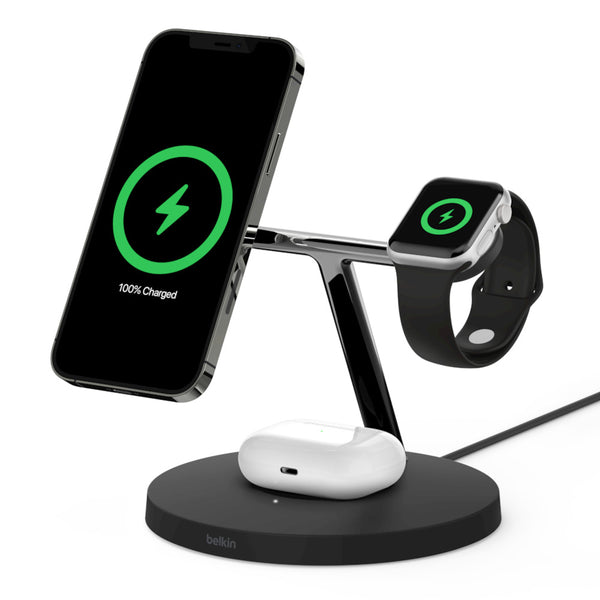 Belkin 15W Magsafe 3 in 1 Magnetic Wireless Charger For iPhone 12/12 Pro - Black -Black