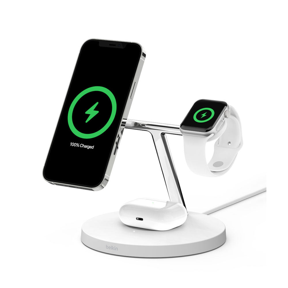 Belkin 15W Magsafe 3 in 1 Magnetic Wireless Charger For iPhone Series 12/13/14/15/16 - White