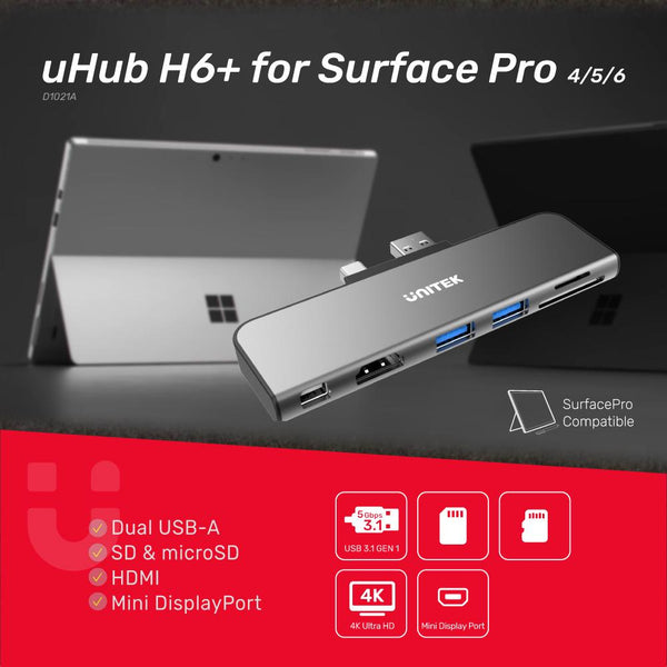 Unitek uHUB H6+ 6-in-2 USB 3.0 Hub for Surface Pro with Dual Monitor and Dual Card Reader