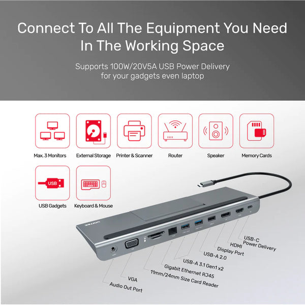 Unitek uHUB 11+ 11-in-1 USB-C Ethernet Hub with MST Triple Monitor 100W PD and Card Reader