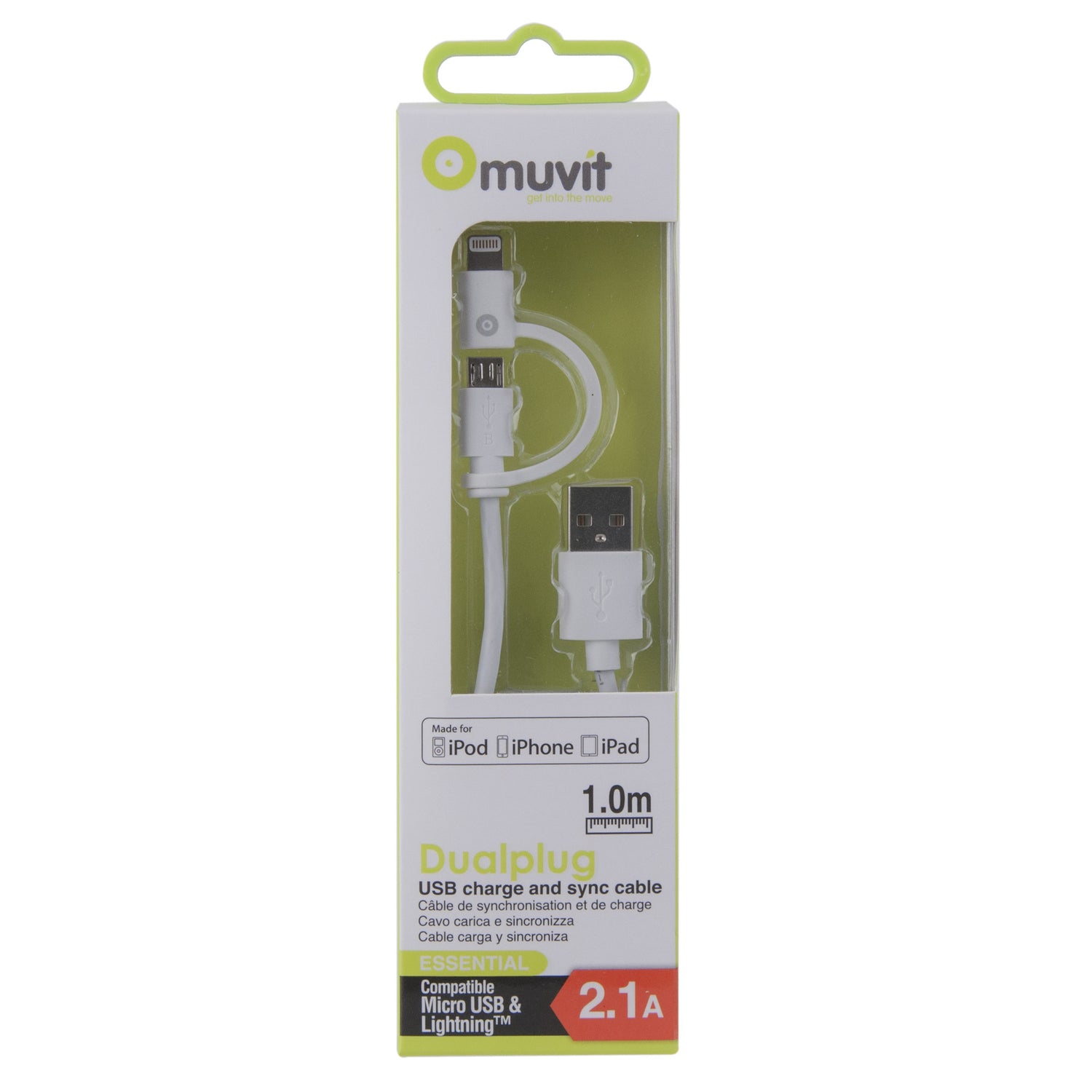 Muvit Dual Plug 2.1A MFI Sycn Cable Micro USB and Lightning plug