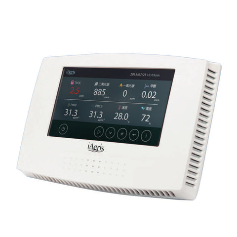 iAeris Air Quality Monitor with CO2, CO, PM10, PM2.5, TVOC, HCHO, and Ozone sensor reading