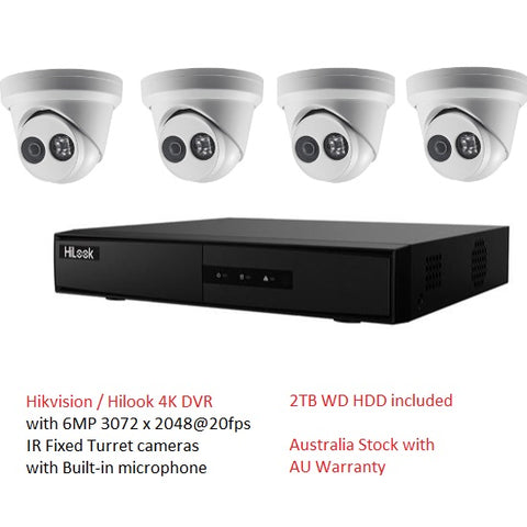 Hikvision/HiLook 4-Channel 4K Plug & Play 6MP Surveillance Camera bundle Kit with 4 cameras 2TB HDD