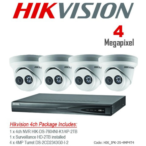 Hikvision 4-Channel NVR + 4 x 4MP IR Turret EyeBall IP Outdoor Cameras CCTV Package