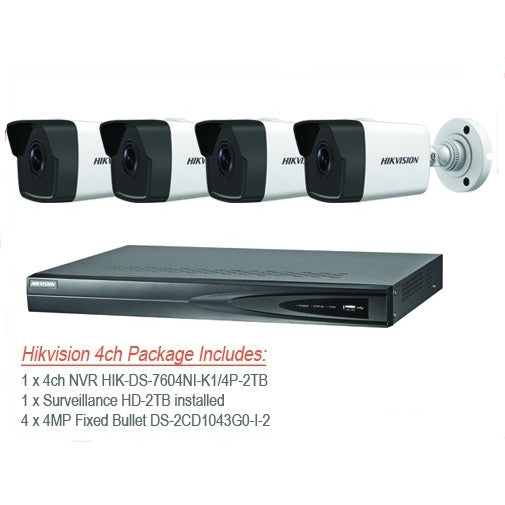 Hikvision Kit 4-Channel NVR 2TB Surveillance HDD 4x 4MP IP Outdoor IR Bullet Cameras CCTV Package