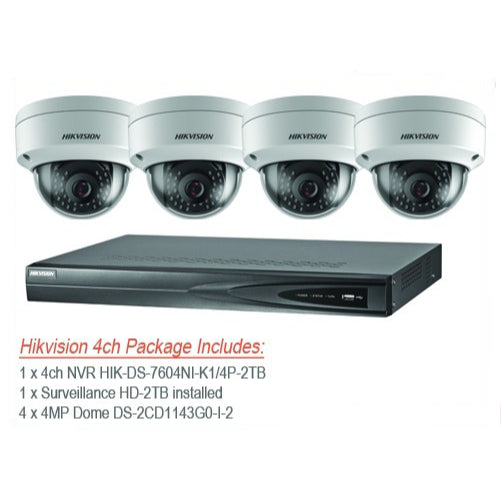 Hikvision Kit 4-Channel NVR 2TB Surveillance HDD 4x 4MP IP Outdoor Dome Cameras CCTV Package