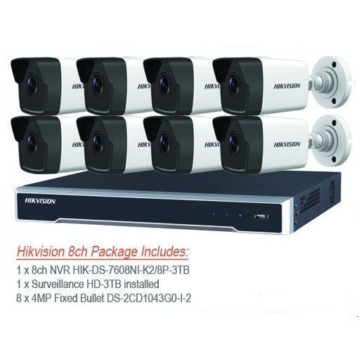 Hikvision Kit 8-Channel NVR 3TB Surveillance HDD 8x 4MP IP Outdoor IR Bullet Cameras CCTV Package