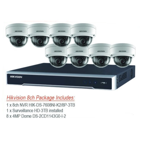 Hikvision 4MP IP 8 channel NVR & 8 x IP67 Outdoor IP Dome Cameras CCTV Bundle Kit with 3TB Surveillance HDD