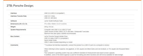 Lacie 2TB Porsche Mobile Drive USB3.0 + C Portable HDD