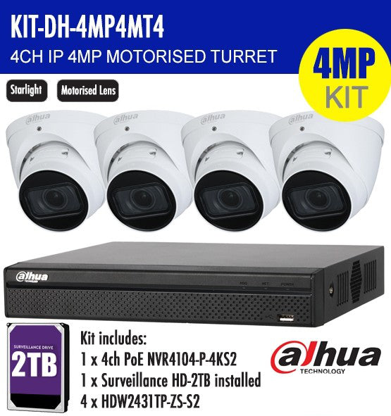 DAHUA 4MP 4CH IP MOTORISED TURRET BUNDLE KIT /w 2TB HDD Storage