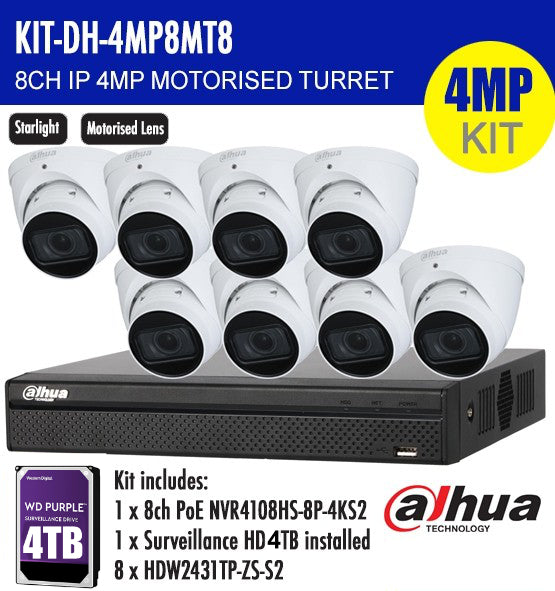 DAHUA 4MP 8CH IP MOTORISED TURRET BUNDLE KIT /w 4TB HDD Storage